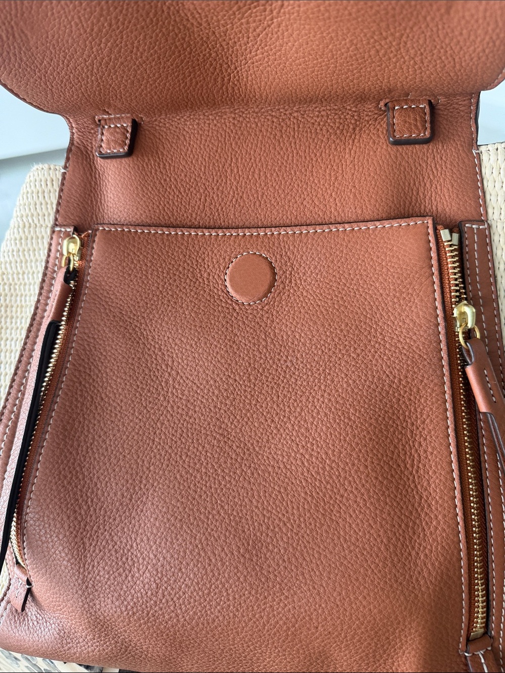 Tory Burch Cognac Leather and Cream Woven Shoulder Bag - Picture 4 of 11